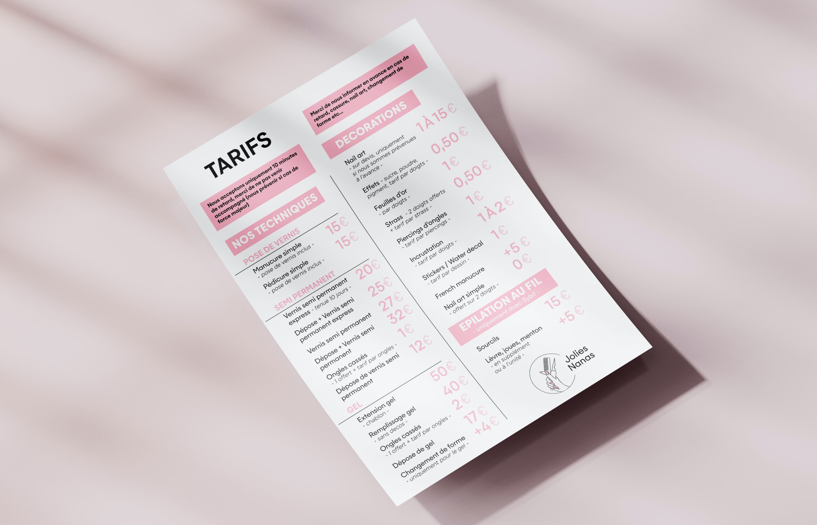 Identité Visuelle Jolies Nanas flyer tarif