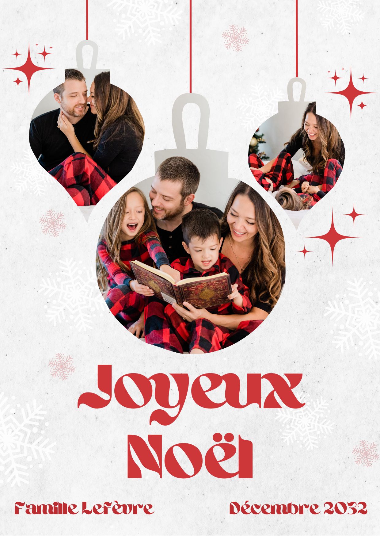 Carte Joyeux Noël Famille Photo Illustration Rouge et Grise